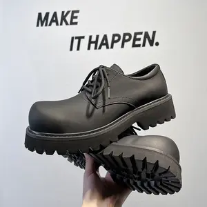 2026 Fall/Winter New Black Matte Big-Toe Derby Shoes for Men, Thick-Soled Height-Increasing Trendy Casual Leather Shoes, Retro British Style Versatile Fashionable Men's Shoes