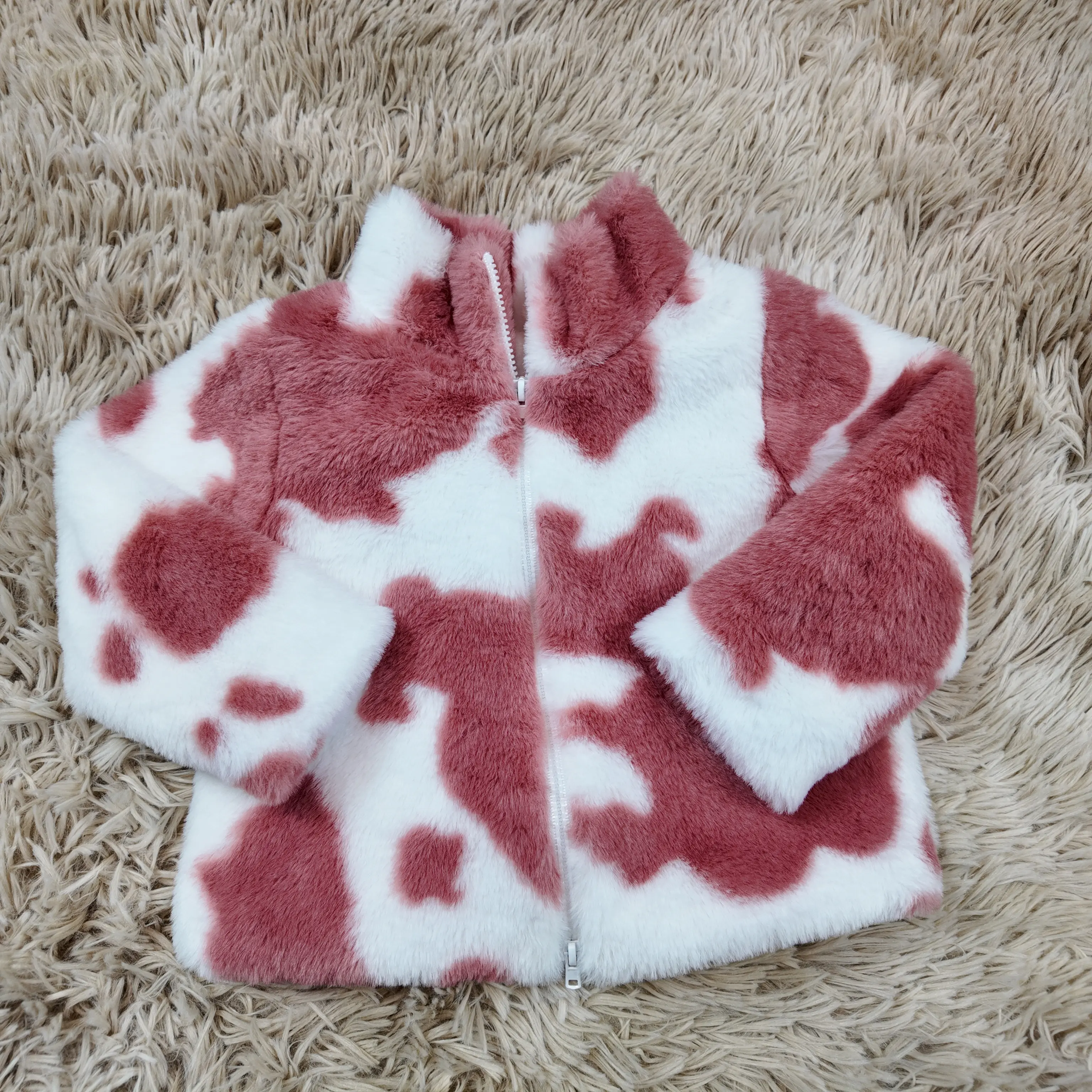 Girls' Long-Sleeve Cowhide Printed Double-Ended Zipper Fur Coat, Warm Keep-Warm Girls' Jackets for Fall Winter, Warm Jacket
