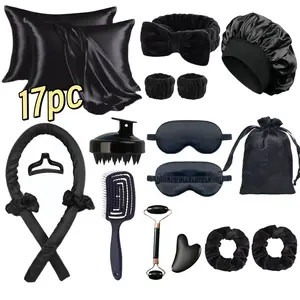 17-Piece Satin Hair Care Sleep Beauty Set, Includes Pillowcase, Cap, Eye Mask, Scalp Massager, Facial Roller, Relaxing Spa Tools