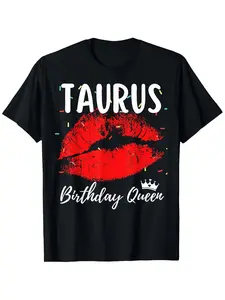 Taurus Zodiac Birthday Queen T Shirt for Men & Women April May Born Taurus Sign with Bull Symbol Lips & Print Casual Short Sleeve Tee S XXXL Sizes for Parties Casual Attire & TauMen'S Casual Short Sleeve Crew Neck T-Shirt Medium Stretch Breathable F