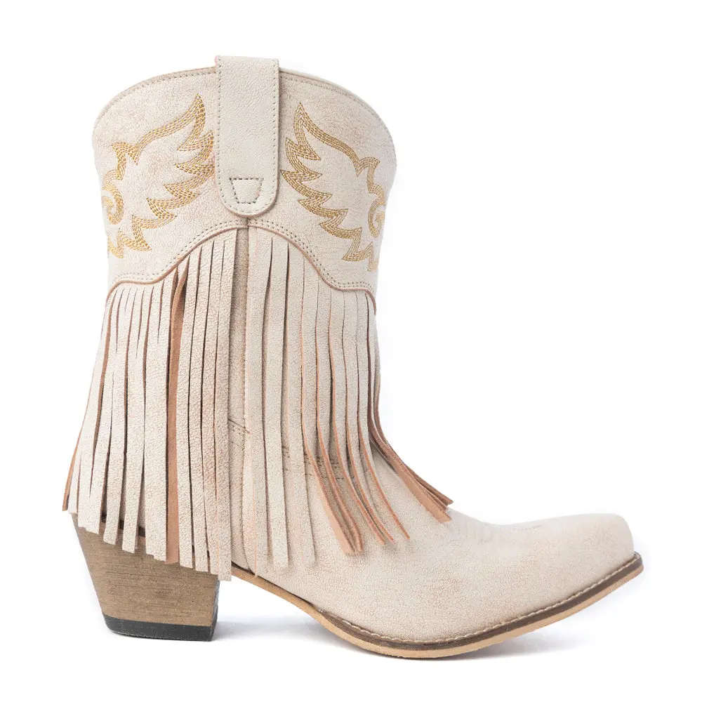Women's Western Elegance Footwear - Ivory Leather Ankle-Length Ankle Booties, 2" Heel, Golden Embroidery, Side Fringe, Snip Toe, Evening Wear, Elegant