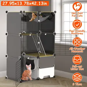 1Pc 3 Tier Cat Cage Indoor with Litter Box Hammock Detachable Metal Wire Cat Kennel Cat House Cat Enclosure with Ladder for 1-2 Kittens