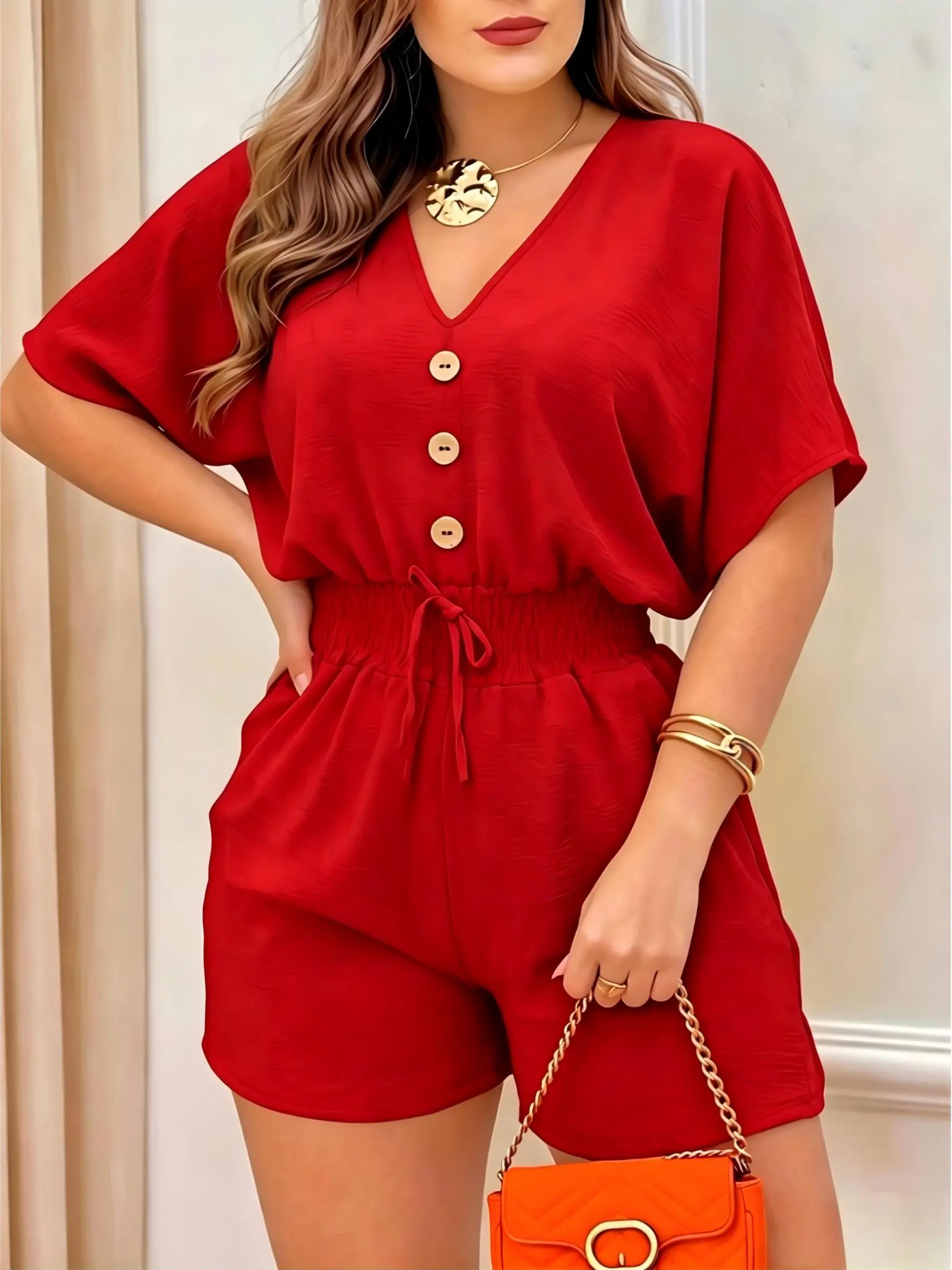 Women’s minimalist tie-detail ruched waist V-neck jumpsuit; slimming, figure-concealing design; casual short sleeves, back zipper, high-waisted jumpsuit; suitable for summer, spring, and autumn; fashionable women’s clothing, one-piece garment, loose minim