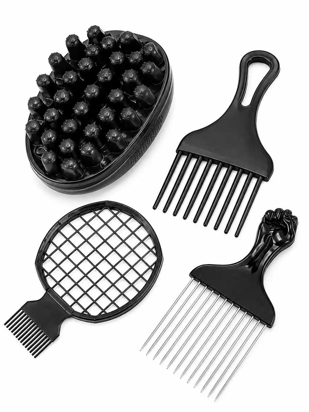 4-Pack Afro Hair Styling Comb Set for Black Men & Women, Metal Hair Pick, Wide Tooth Pick & Curl Twist Brush for 4C Coily Curly Textured Hair, Volume Lifting, Detangling & Scalp Styling Tools