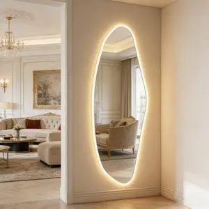 Irregular LED Full Length Mirror, Tempered Glass Asymmetrical Wall Mounted Dressing Mirror with 3 Color Dimmable Lights, Modern Aesthetic Full Body Mirror for Bedroom Living Room