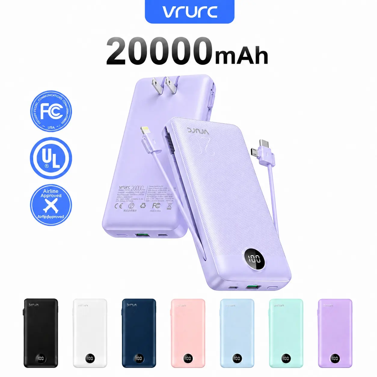 VRURC 20000mAh Compact Chargeable Power Bank, 22.5W Fast Charging USB C Portable Charger with Built-in Wall Plug & Cables, LED Display Digital Accessories for iPhone, Samsung Devices (Purple)