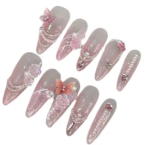 10 Pieces Acrylic Press on Nails, Summer Beach Essentials, Beautiful Fake Nails, DIY Nail Supplies, Nail Art, Pearl Diamond Chain, Camellia, Butterfly, Translucent Glitter