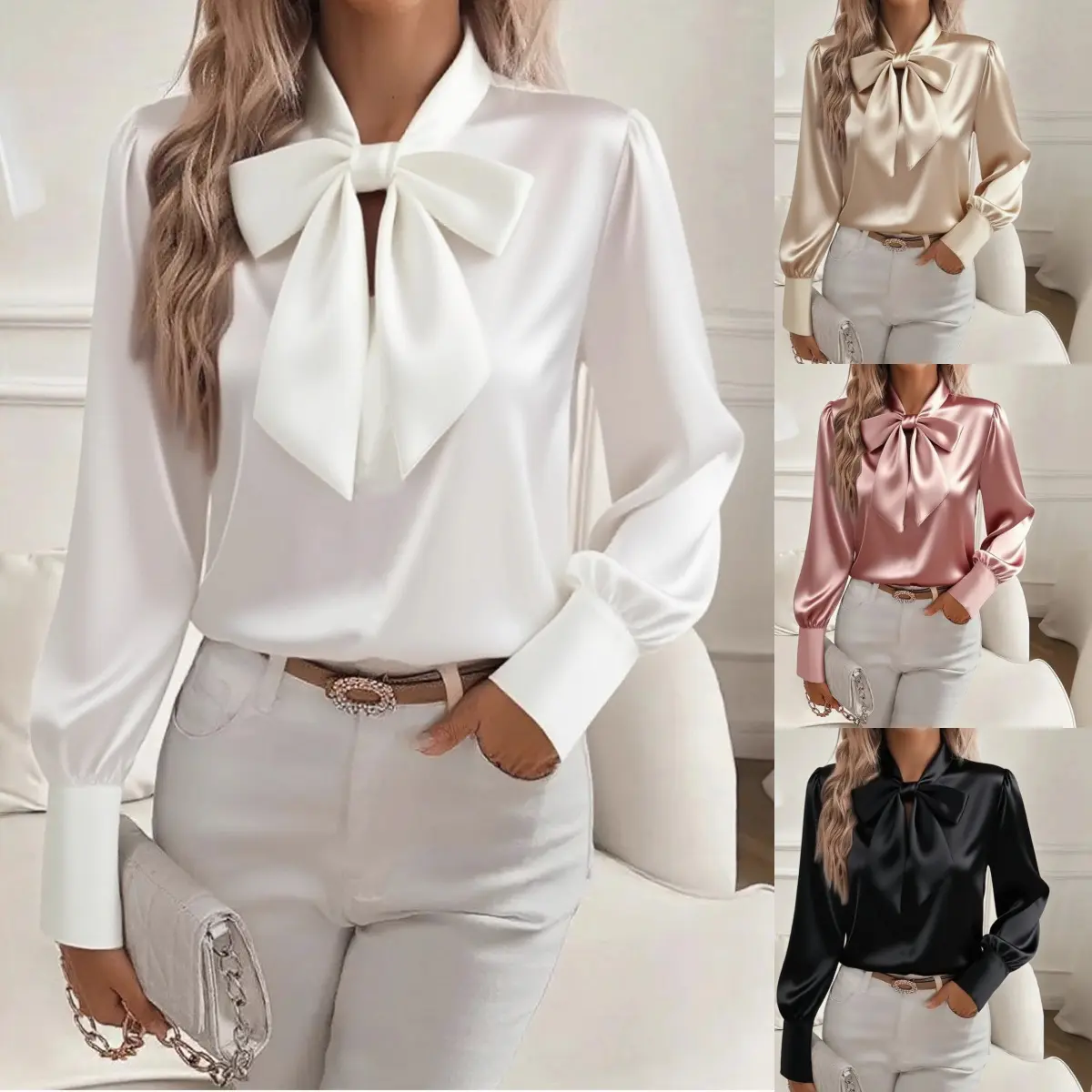 Women’s Tie Neck Satin Blouse, Long Sleeve Dressy Office Shirt, Solid Color Elegant Work Top for Business Casual, Dinner, Fall Outfits and Daily Wear S-3XL