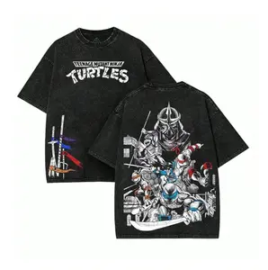 Vintage Black Washed TMNT T-Shirt, Front "Turtles" Logo & Side Weapon Flags + Back Full TMNT & Shredder Print, Oversized Unisex Tee for Retro Anime Fans & Street Style