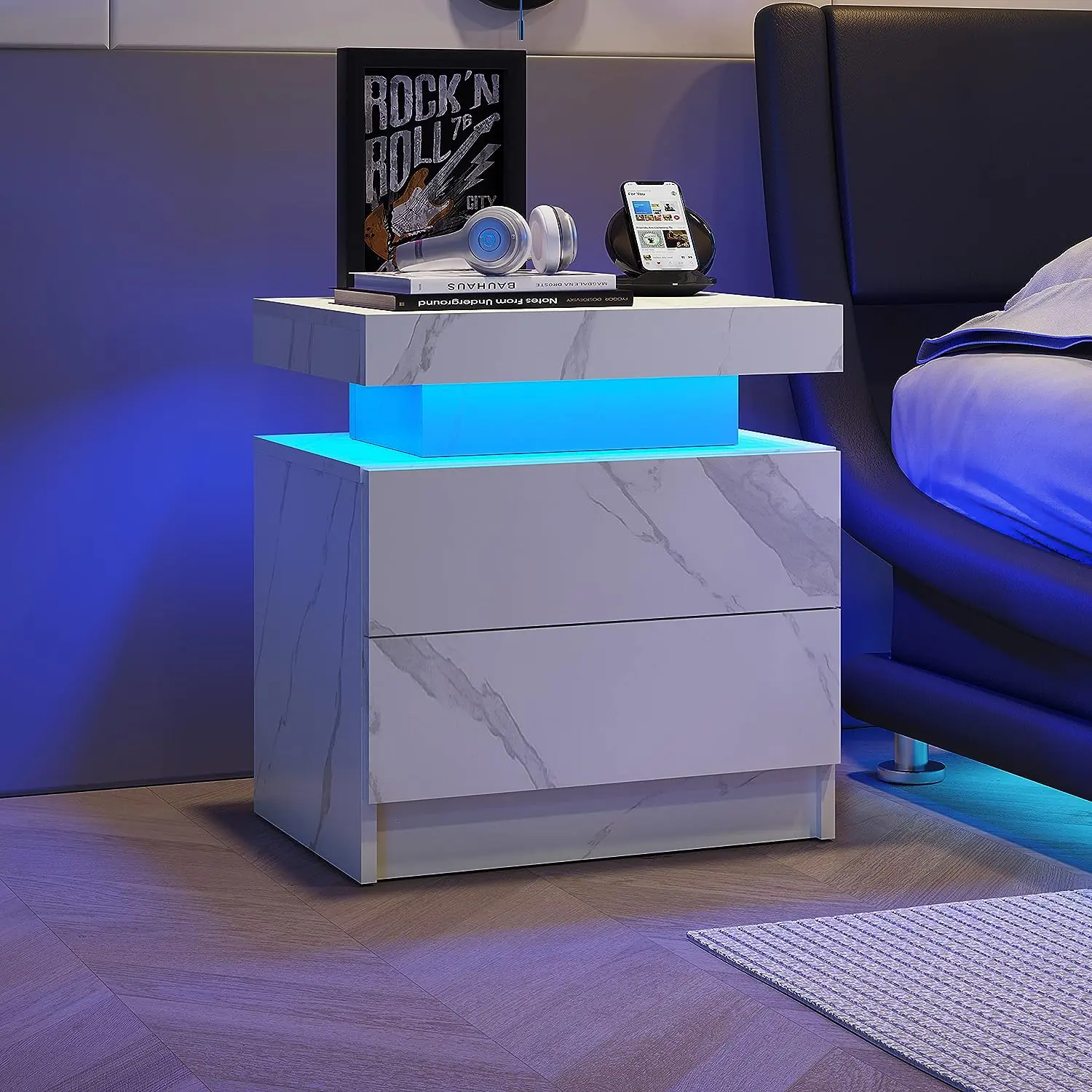 Spaco LED 2-Drawer Modern Bedside Table - Multi-Function, Compact, Durable, Led-Lit, Minimal Bedroom Furniture Nightstand with Storage & Lights, White Stone Finish, Multi-Function Bedside Tables, Compact Bedside Tables