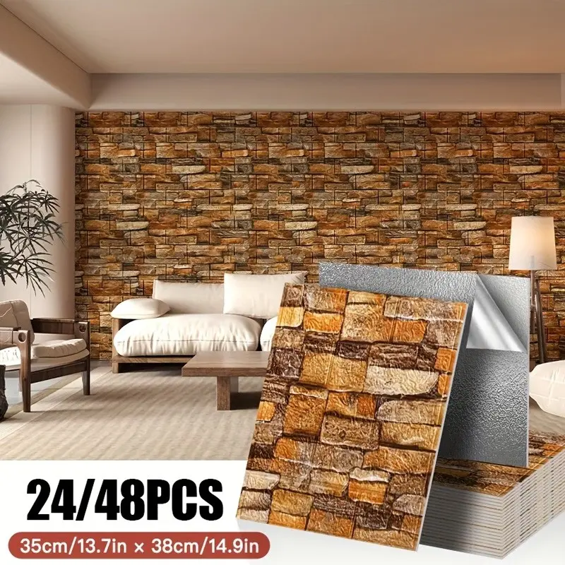 24/48pcs 3D Brick Wall Stickers, Vintage Industrial Style, Self-Adhesive Foam PVC Material, Easy Peel and Stick, and Options, Living Room, Peel and Stick Wallpaper Designs, DIY Wallpapers