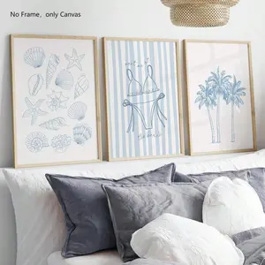 Beach Themed Unframed Painting, 3 Counts/set Seashell & Palm Tree Pattern Canvas Wall Art, Hanging Wall Decor for Home Living Room Bedroom, Ornaments
