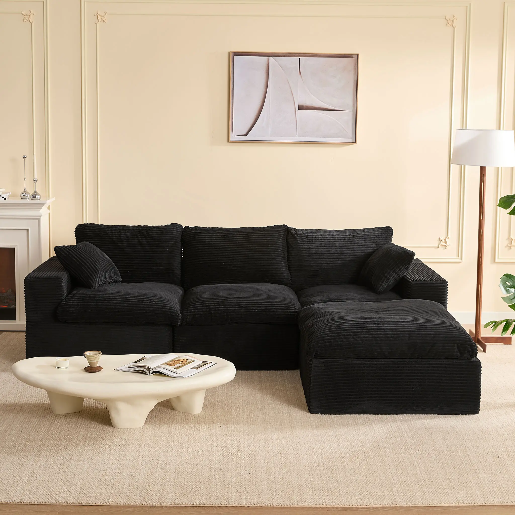【2 Packages Shipping】106.3” Sectional Couches for Living Room, Cloud Couch, Modular Sectional Sofa, Convertible Sofas Bed, Deep Seat Sofa, L Shaped Cozy Sofa Furniture Set, Corduroy, Black