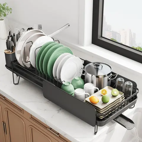 Stainless Steel Adjustable Dish Drying Organiser - Expandable (19.3" to 29.4") Kitchen Sink Rack with Sink-Spout Drainage, Easy Rinse, Universal Plate Holder Draining Boards, Utensil/Pan/Pot Lid Holders, Removable Component