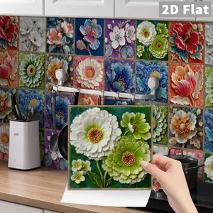 24-Piece Artistic Style Flower Tiles, Peel & Stick Removable Wallpaper, Bathroom Wall Decor, Kitchen Decoration, Easy Installation