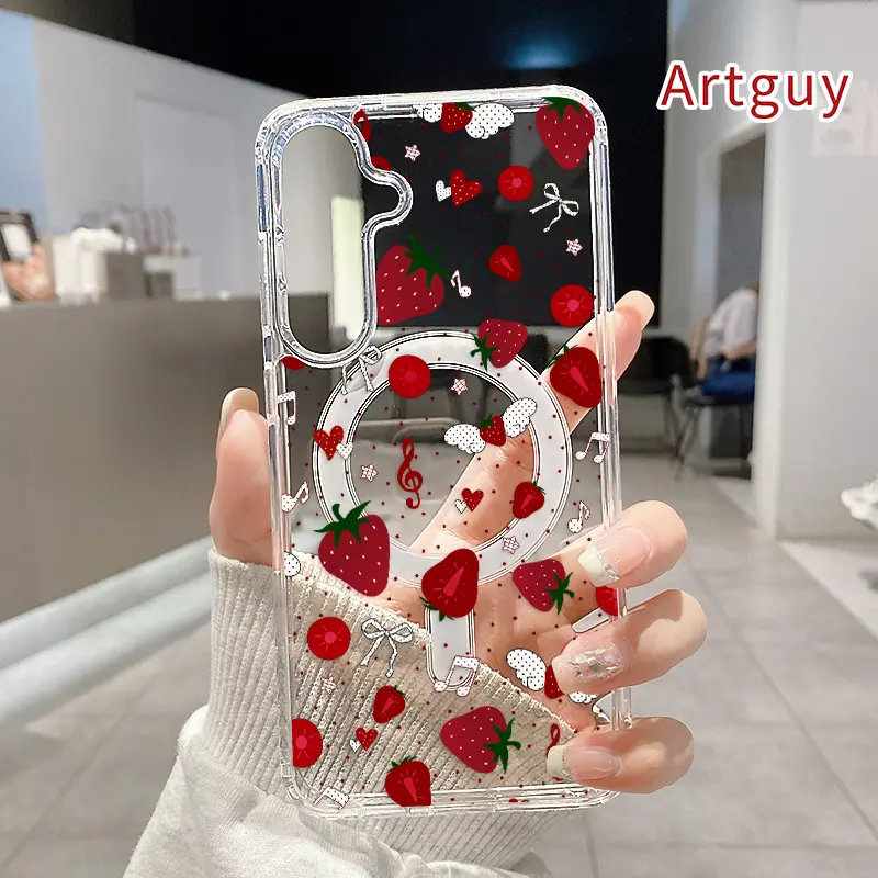 Strawberry Melody Dream Pattern Magnetic Phone Case Compatible with  Samsung Galaxy S26 Edge S23 Ultra S24 Plus FE S25 S22+ Anti-Yellowing Shockproof Lightweight Transparent Acrylic Large Hole Soft Cover Supports Wireless Charging
