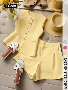 Women's Sleeveless Button Open Front Cardigan and Shorts Set, Casual Comfortable Vacation, 2-Piece Fashion Ensemble