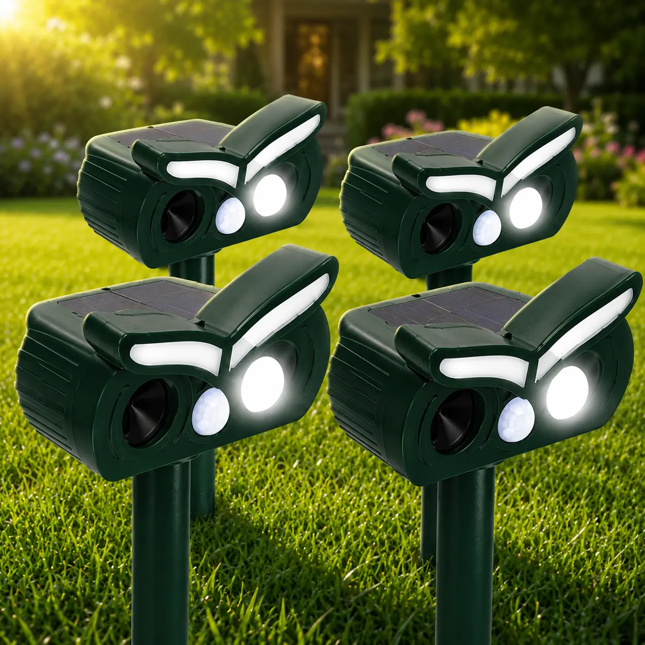 4 Pack Solar Ultrasonic Animal Repeller – Motion Activated Pest Deterrent with Flashing LED Light, Waterproof Outdoor Deer Raccoon Squirrel Repellent for Garden Yard Patio Lawn rodent repellent electronic, Rat Repellent For Outside