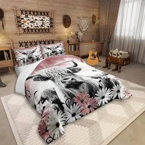 Feelyou Highland Cow Print Comforter Set - Red Western Farmhouse Bedroom Bedding Set, Longhorn Cattle Decorative Bedding, Grunge Daisy Flower Polyester Fiber Duvet, Travel-Friendly, Multi-Size Queen Option, Decorative Bedding Set