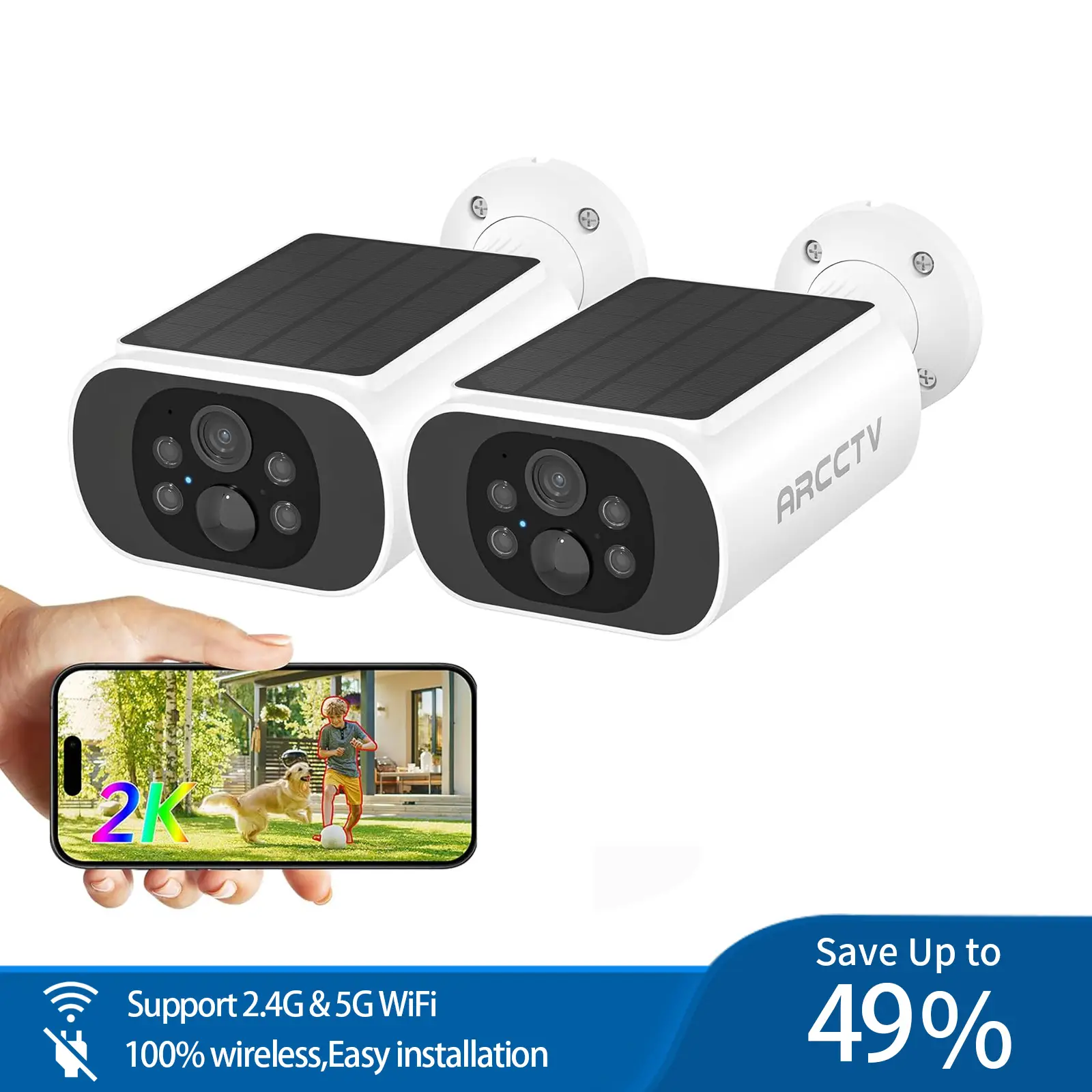 ARCCTV 4MP Wireless Solar Camera,2.4G&5G WiFi Security Camera,Outdoor Waterproof,2 Way Talk,Smart Siren,Color Night Vision,Motion Detection,2 Pack