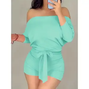 [Plus Size Romper] Plus Size Women's Off-Shoulder Batwing Sleeve Romper - Stretchy Polyester Blend, Casual Knot Front Jumpsuit, Machine Washable, Fashion, Black Womenswear Knit Overalls Solid Basic Minimalist(Sheet)