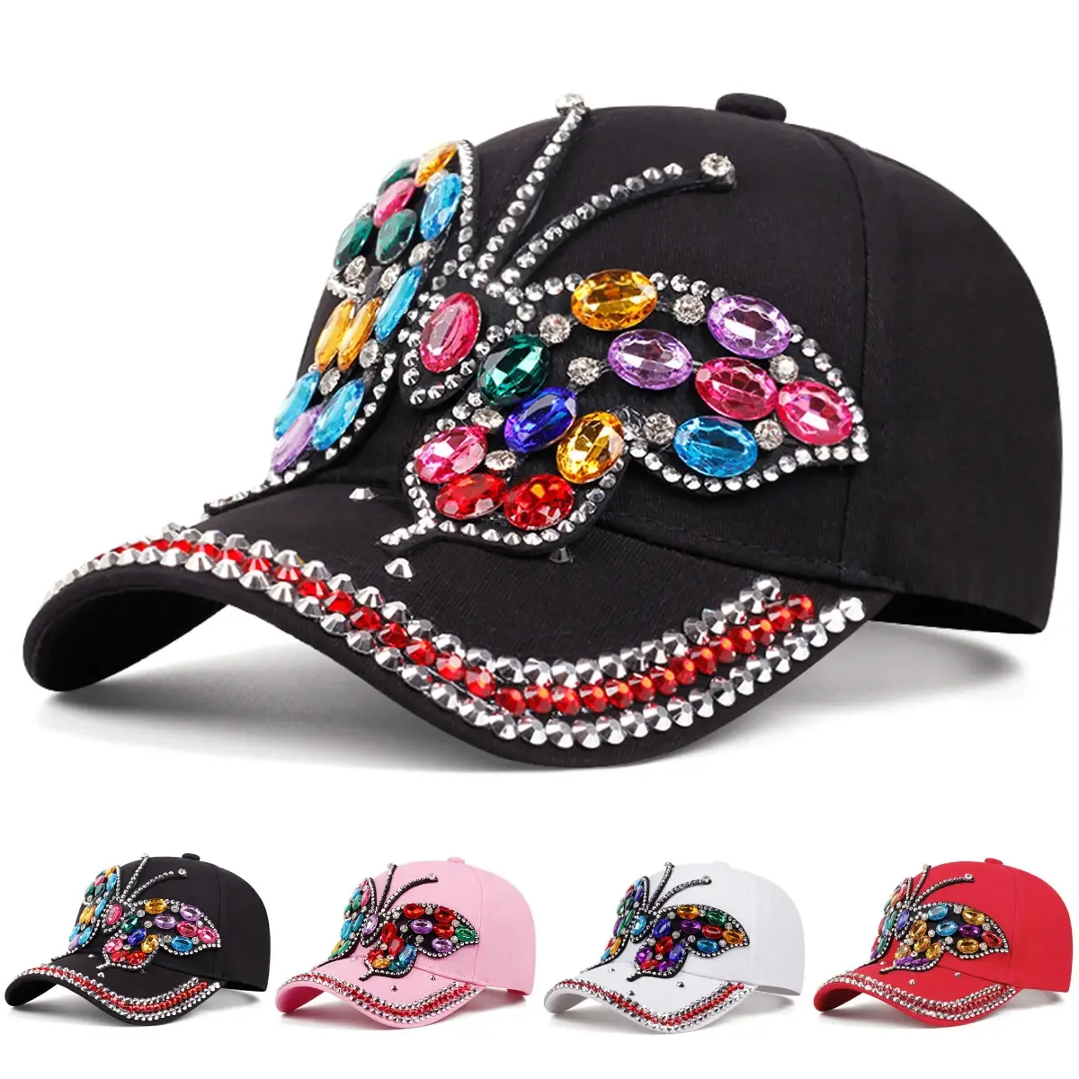 Women's Rhinestone Butterfly Casual Hat - Sparkly Embroidered Fabric Cap, Multi-Color Crystal Logo Hats for Women, Butterfly Bling Fashion Accent Bag Accessory Charm