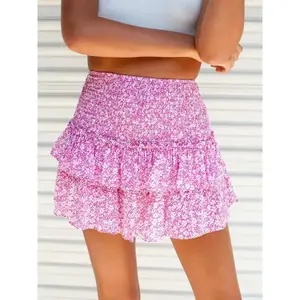 Women Summer Bohemia Print Pleated High Waist Zipper A-line JK Skirt Harajuku School Uniform Anti Glare Floral Fabric Bottom
