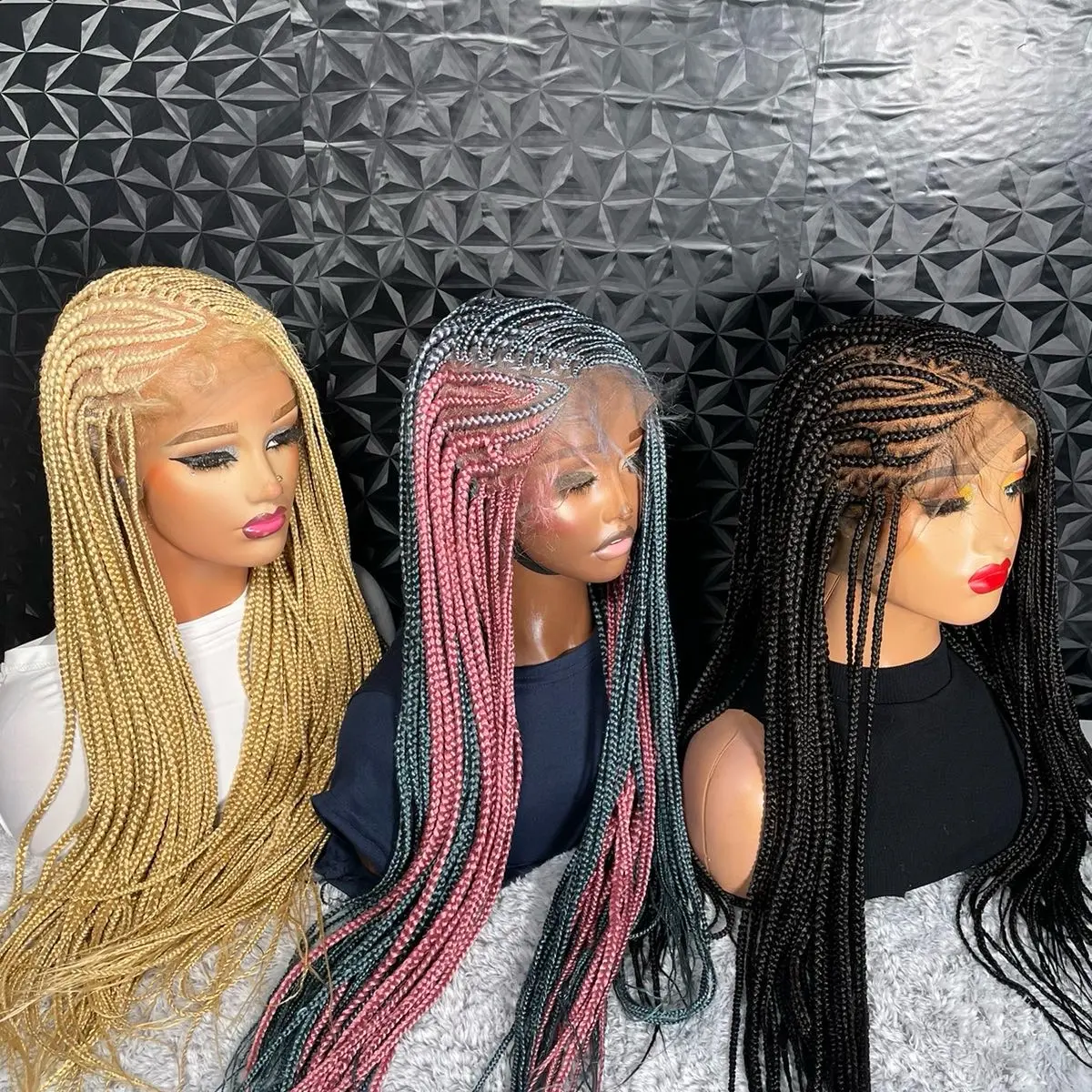 2 sides V flip 30 inches cornrow braided wig in black made with synthetic lace. Medium: Cap size :21.5 – 22.5”