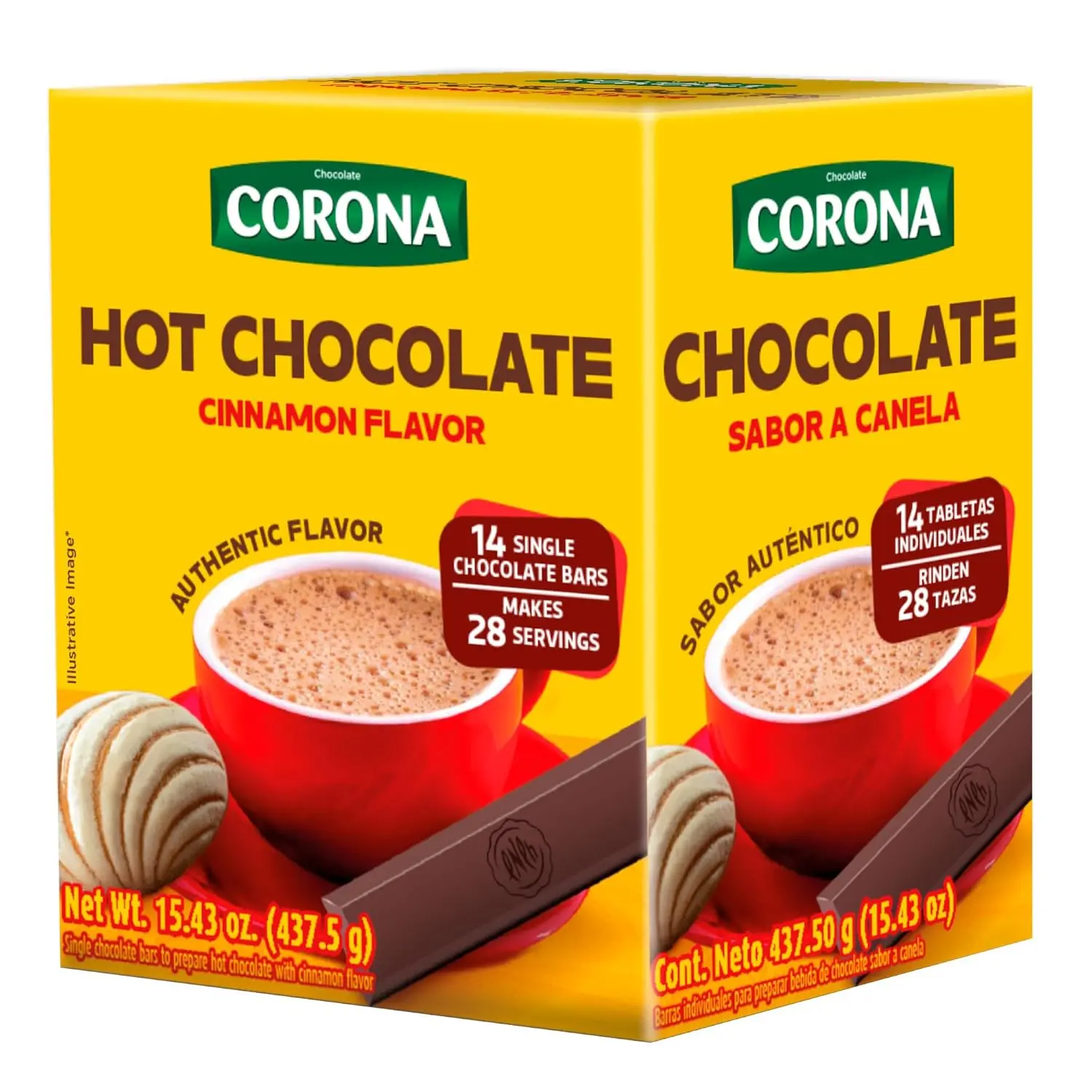 Corona Single Serve Cinnamon Hot Chocolate Bars – 14 Count – 15.43 oz (437 g) – Individually Wrapped Colombian Chocolate Tablets – Imported