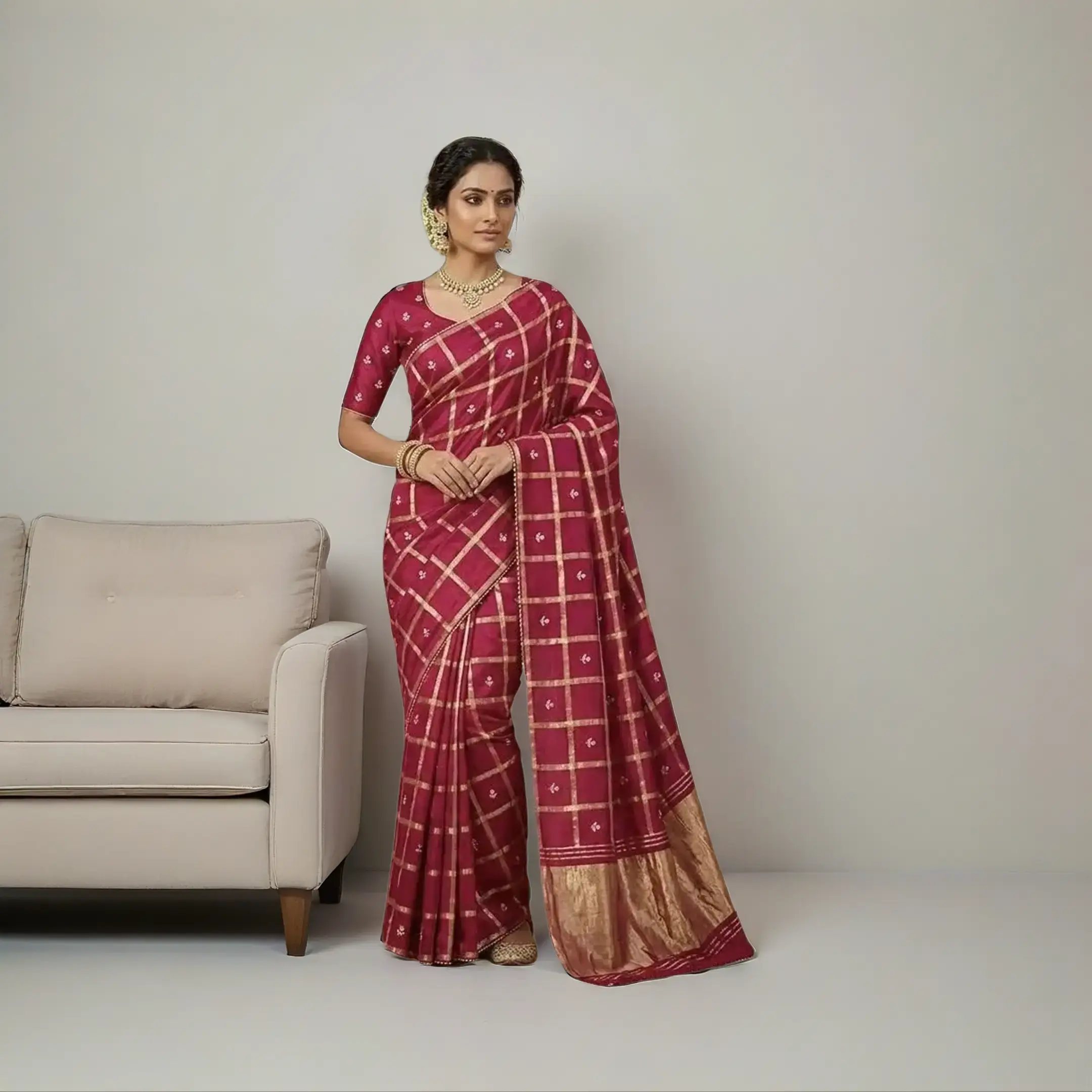 Women's Elegant Maroon Pure Gajji Silk Fabric Saree - Golden Checkered Weave, Gotapatti Floral Handwork, White Pearl Motifs, Festive Costumes & Accessories, Style, Drape, Glossy, Traditional, Festivals