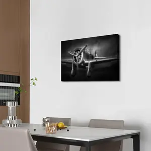 1pc,Black and White Vintage Airplane Canvas Wall Art - Dramatic Propeller Plane Print for Aviation Enthusiasts, Classic Military Aircraft Decor for Home or Office.