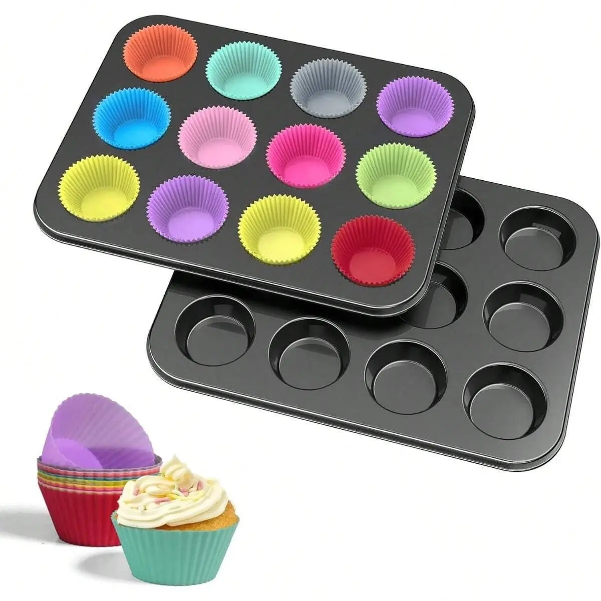 Reusable Muffin Baking Pan, 26pcs/set Including 1 Count 12-cup Muffin Pan & 12pcs Cupcake Liner, Baking Mold for Cupcake, Egg Tart, Bread, Baking Tools, Baking Supplies