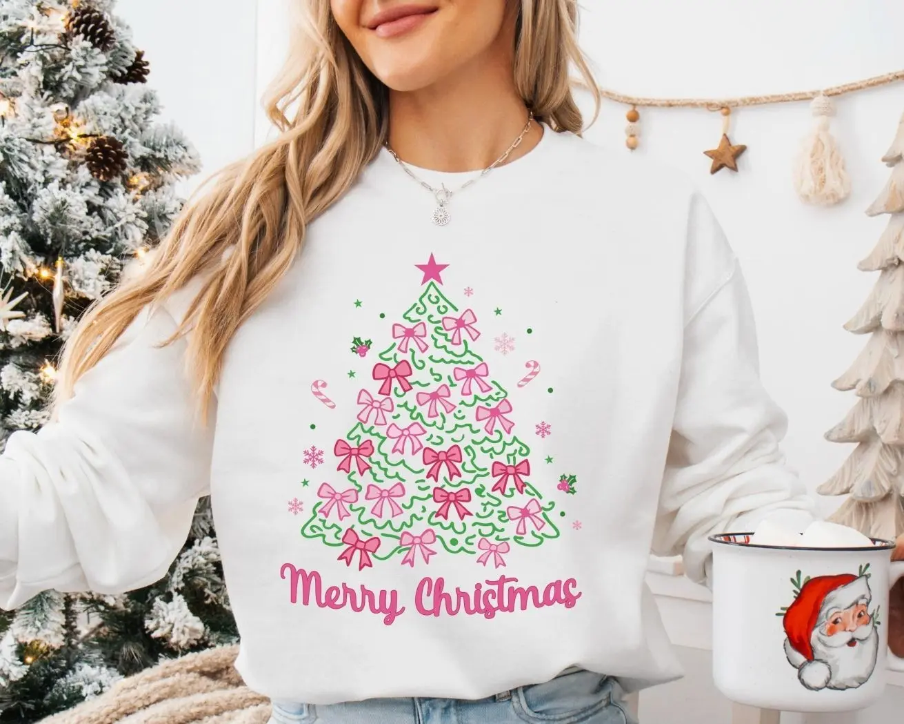 Christmas Pink Bow Sweatshirt, Coquette Pink Christmas Tree Sweater, Cute Girls Holiday Crewneck, Preppy Xmas Season Pullover, Trendy Pink Christmas Aesthetic Apparel, Cute Coquette Bow Graphic Jumper, Holiday Gift for Women & Girls