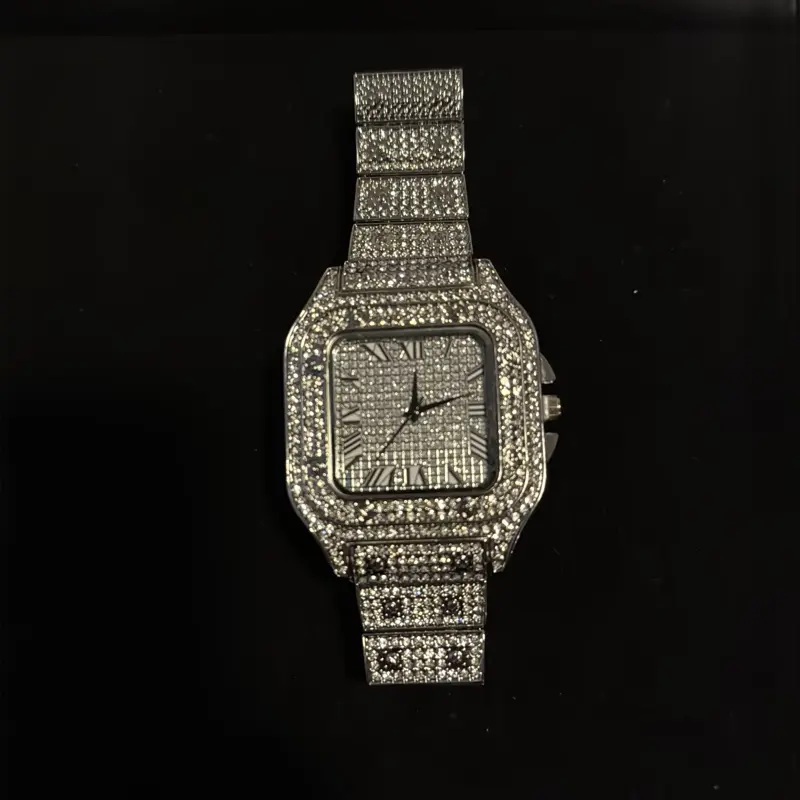 Stainless Steel Moissanite Watch with Sparkling Diamond-Encrusted Design