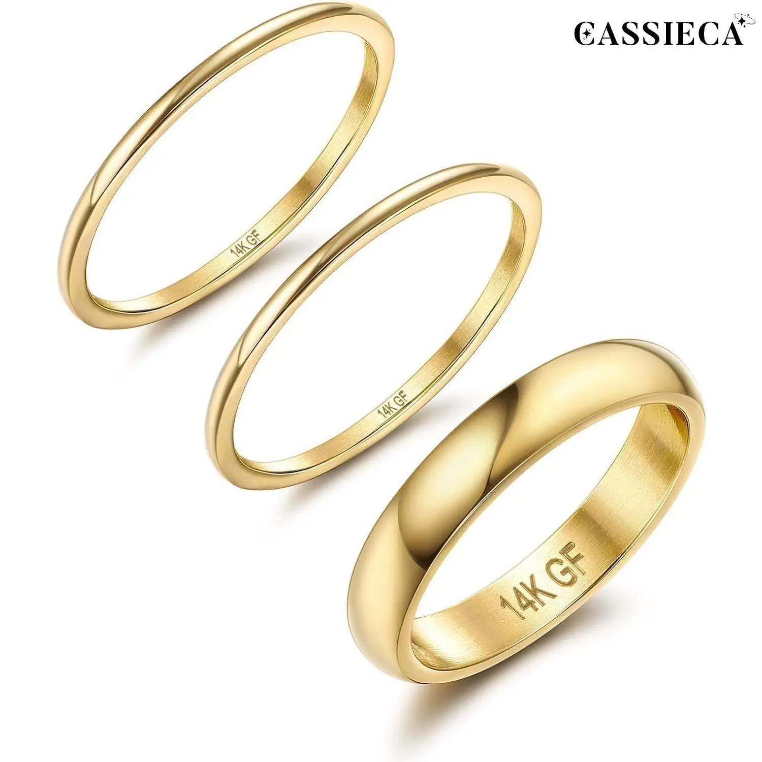 CASSIECA 14K Plated Gold Filled Rings for Women Girls Stacking Rings Stackable Thin Gold Rings Simple Plain Pinky Thumb Statement Band Ring Comfort Fit 3Pcs 1mm 3mm, Geometric, Thin Bands Summervibes,summerwins