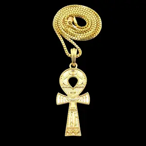 Egyptian Ankh Cross Gold Plated Pendant & 2mm 18" 20" 24" Box Chain Bling Fashion Jewelry Hip Hop Style Necklace Gift For Men, Women