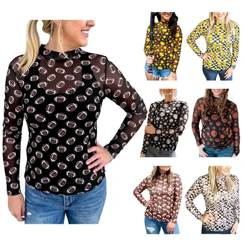 Znacicc Women's Casual Shirt Game Day Football/Baseball/Softball Rugby Mesh Sheer Long Sleeve Top for Winteroutfit Comfortable Design Sporty Style Fitted Blouses