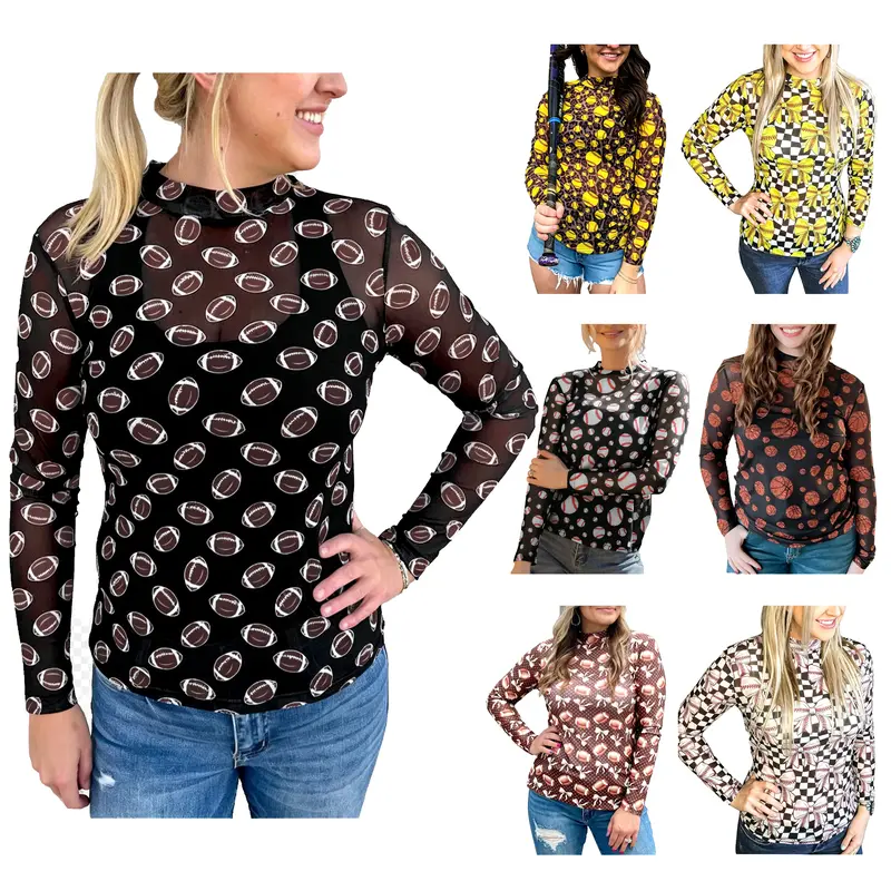 Znacicc Women's Casual Shirt Game Day Football/Baseball/Softball Rugby Mesh Sheer Long Sleeve Top for Winteroutfit Comfortable Design Sporty Style Fitted Blouses