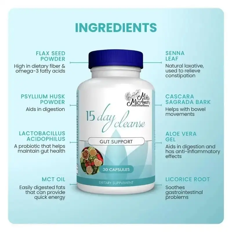 Flash Sale 15 Day Cleanse Gut and Colon Support Caffeine Free Advanced Formula with Senna Cascara Sagrada Psyllium Husk Non-GMO Probiotics 30 Capsules