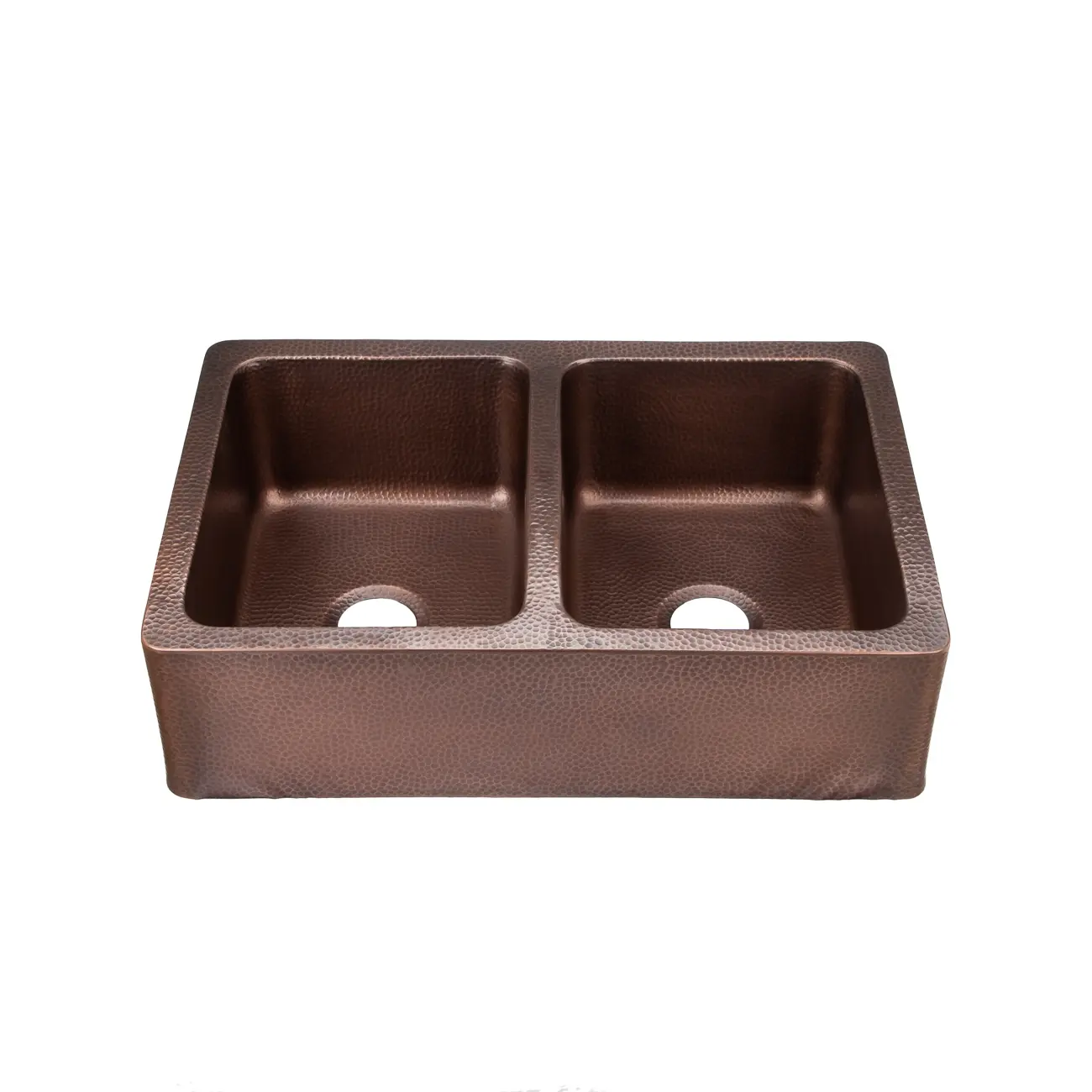 33-Inch Copper Rectangle Double Bowl Apron Front Modern Farmhouse Sink with Hand-Hammered Detailing for Dish Prep