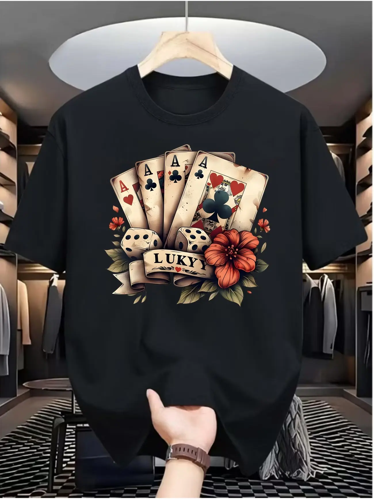 Print T-Shirt with Poker Pattern - Made Of, Featuring a Round Neck, Short Sleeves, Street Hip-Hop Style, Summer European And American Fashion Trend, Sporty Vibe
