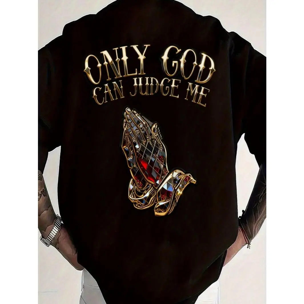 Mens Only God Can Judge Me Graphic T Shirt Praying Hands Cross Streetwear Casual Short Sleeve Crewneck Tee for Church Sunday Faith Gift