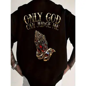 Mens Only God Can Judge Me Graphic T Shirt Praying Hands Cross Streetwear Casual Short Sleeve Crewneck Tee for Church Sunday Faith Gift