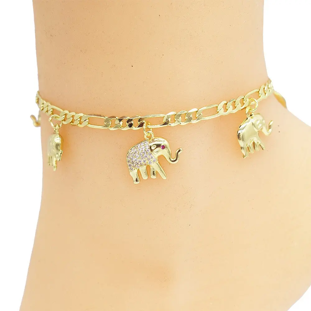 Women's 18 Karat Layered Real Gold-Plated Elephant Themed Anklet, Stackable Accessory #8, Anklets For Women, Elephant Themed Anklets