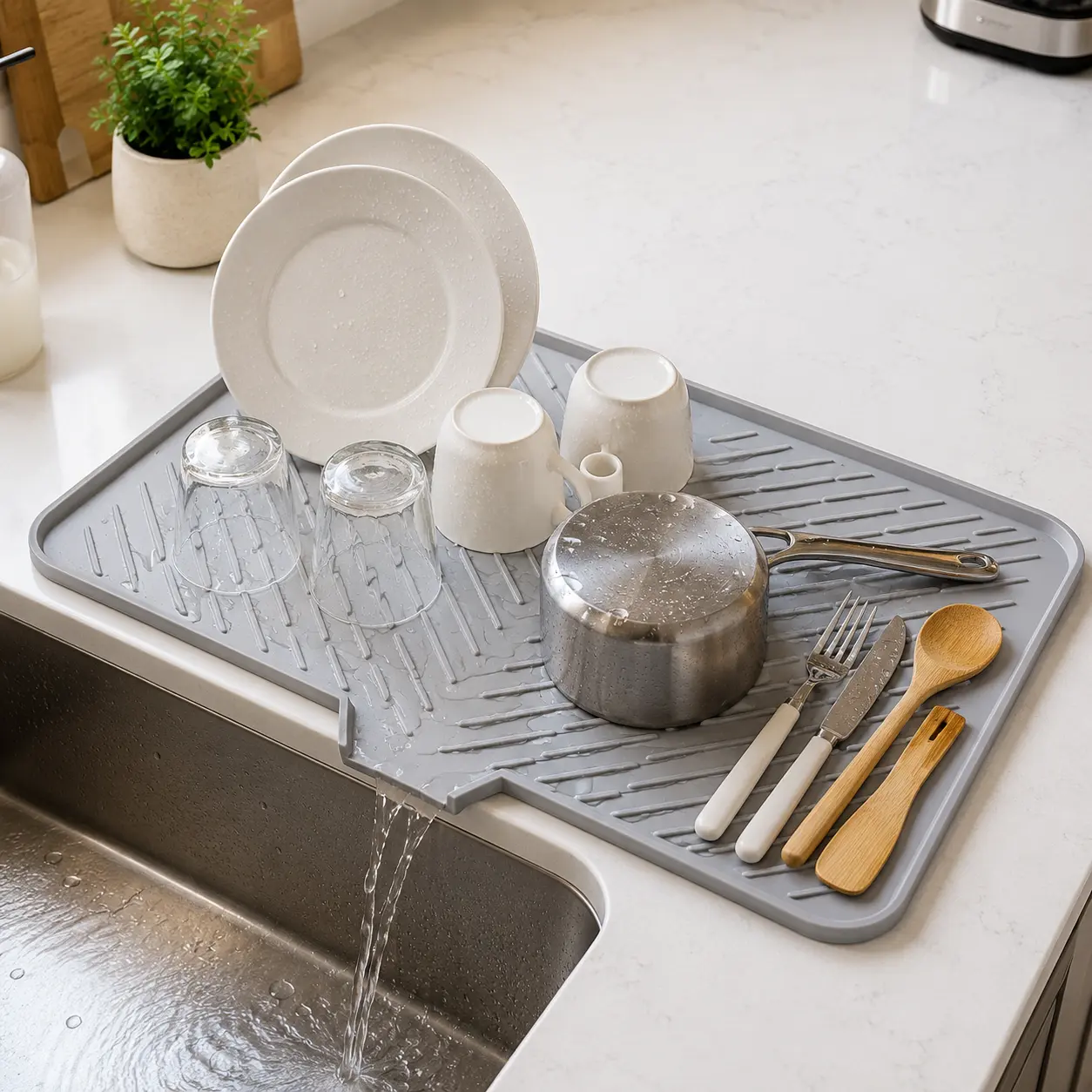 Rectangular Silicone Dish Drying Mat (23x17in, Grey) - Home Organizer Storage Tray for Household Users, with Built-in Lip, Hygienic, Sturdy, Compact, Easy-to-Clean, Surface Protection & Water Build-Up Prevention