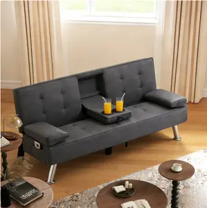 65.35" Futon Sofa Bed Metal Frame 5 Adjustable Positions Cup Holders Storage Pocket Office Apartment Dark Grey