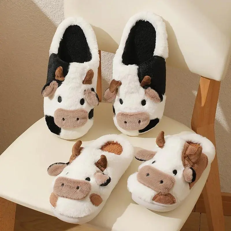 Cute Cow House Shoes for Women & Men, Slip On Cartoon Animal Footwear with Cotton Upper and Memory Foam, Warm Indoor Wear, Fluffy, Plush, Slide, Stylish, Cloth, Anti-Slip Grip, Kawaii Look, Silent Anti-Slip Grip