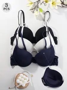 3 Pack Women's Lace Trim Underwire Push Up Bra | Elegant Smooth Cup Seamless Fit, Breathable Lining Skin-Friendly No Stuffy Sweat, Adjustable Straps Back Hook Closure No Slip Lift Up Anti-Sagging Side Shaping Everyday Wear Lingerie Adjustable Bras