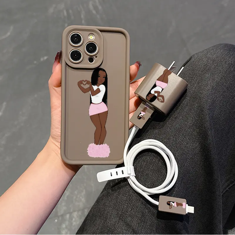 African Girl iPhone Case Set, Includes Charger Cover & Cable Protector, Anti-Drop Tpu Shell, Perfect Gift for Women & Girls
