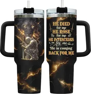 40oz God Faith Lion Insulated Water Bottle - Christian Drinkware with Handle, Straw, Lid, Jesus Warrior Travel Coffee Mug Set, Religious Gift for Men (Father's Day, Birthday)